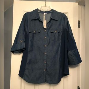 NY Collection Woman denim button down shirt with two front pockets.